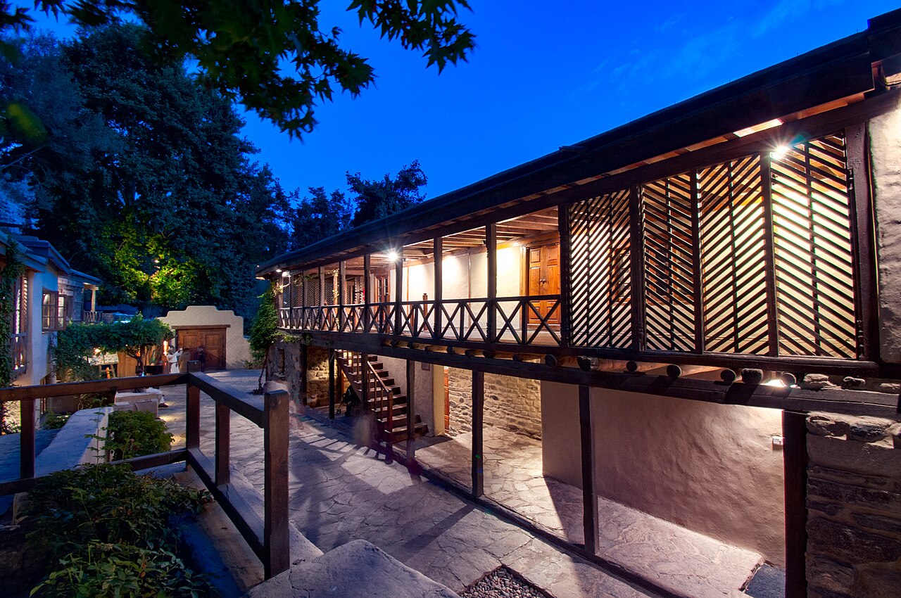 An illuminated timber veranda at Shigar Fort, August 2021.