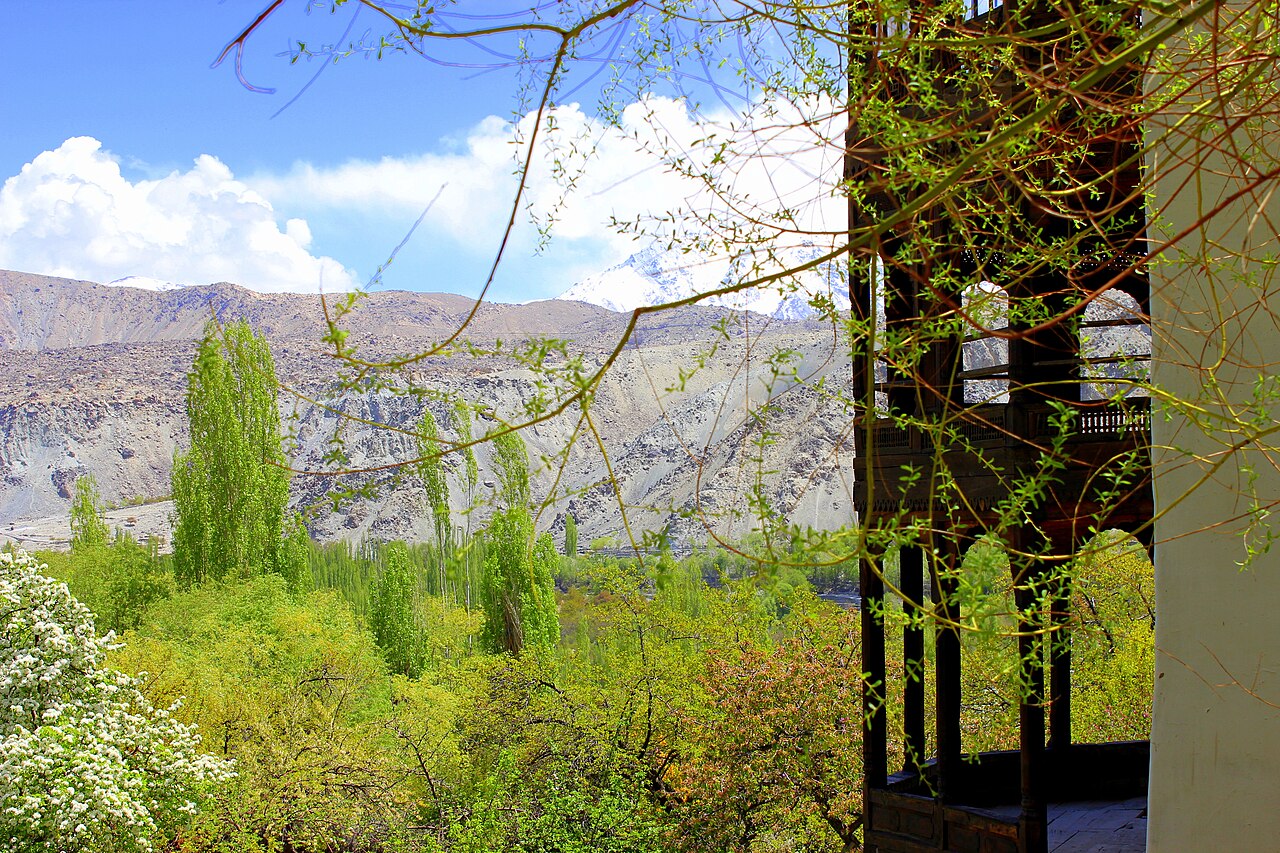 A side veranda of Khaplu Palace with garden and mountain views, April 2015.